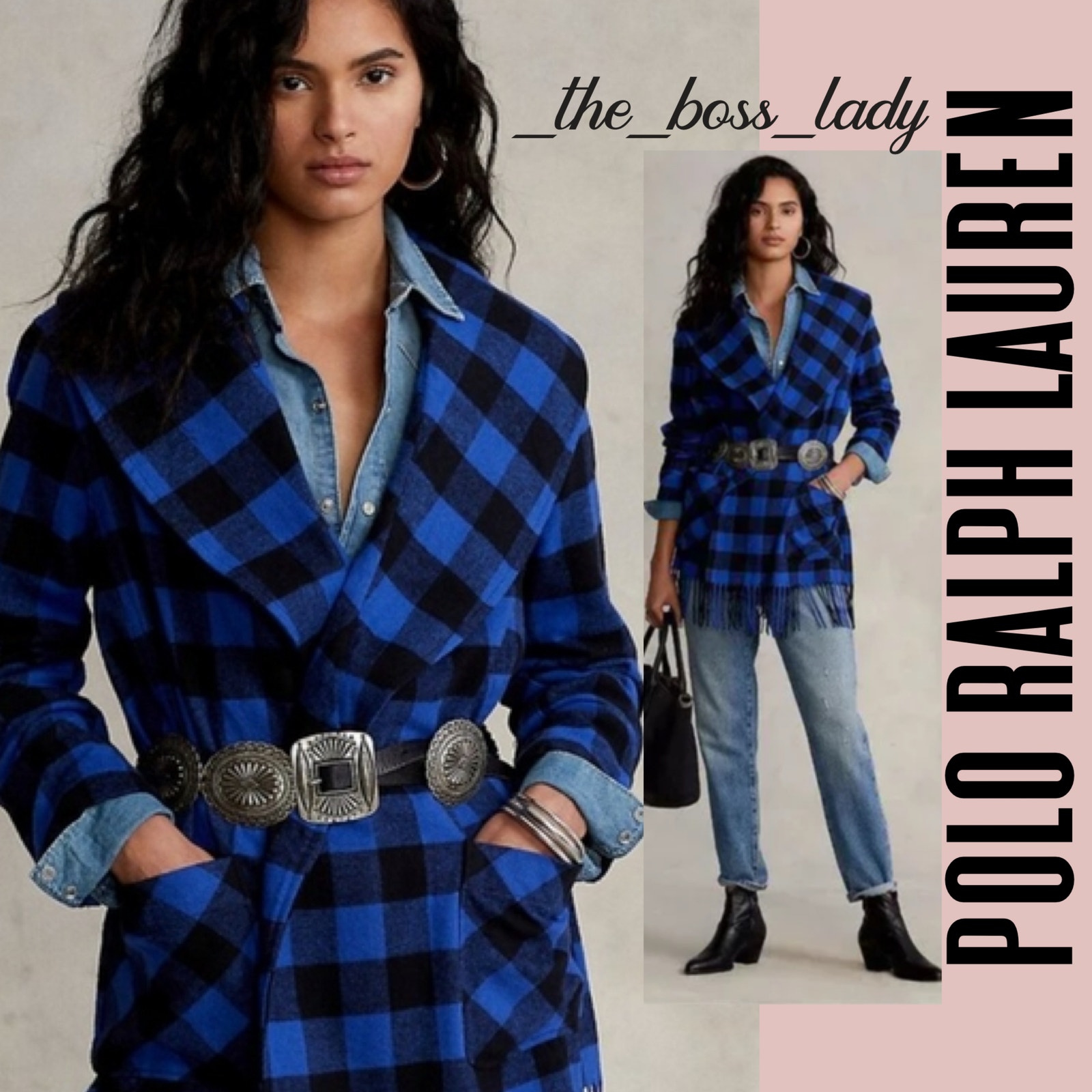 Polo Ralph Lauren Plaid Fringe Jacket Belted Check Blue Large